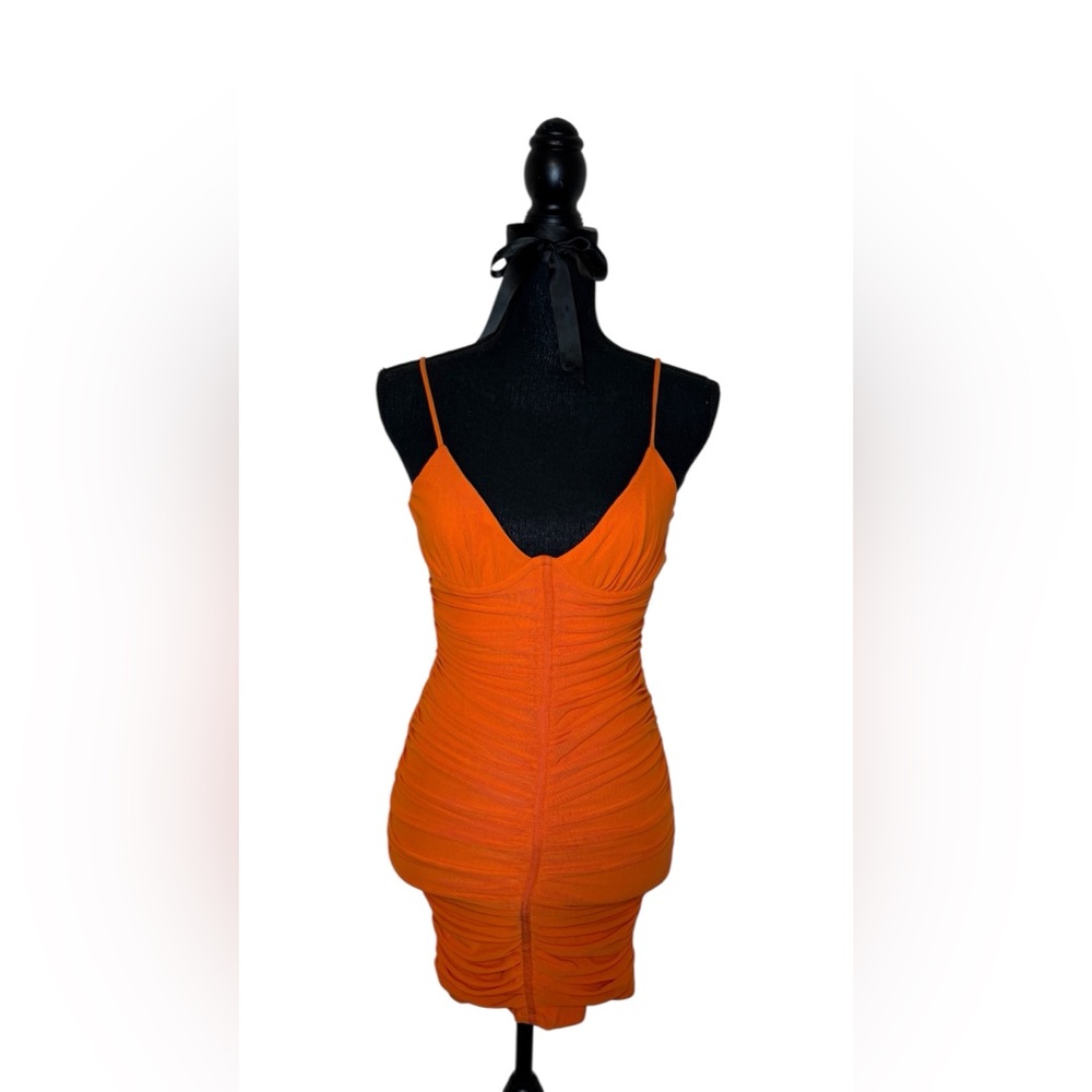 Vibrant Orange Ruched Mini Dress
